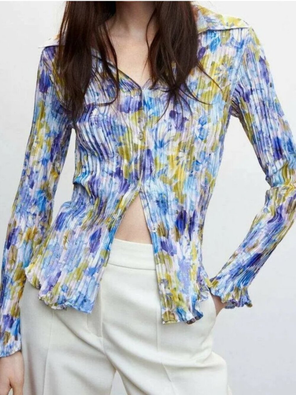 MNG Mango Blue Floral Pleated Long Sleeve Blouse Size 8 Y2K Fairy Italian Fabric